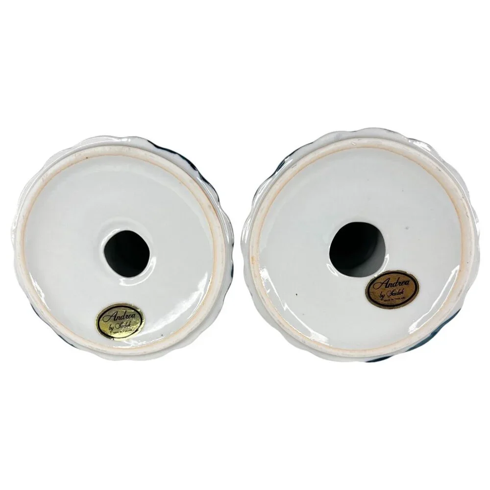 2 Andrea By Sadek‎ Blue Floral Ceramic Candlestick Holders Hand Painted Set Pair